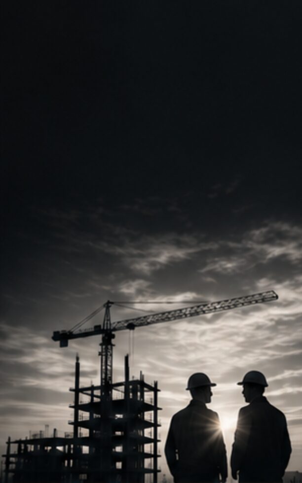 Two site managers silhouetted against a crane at dusk