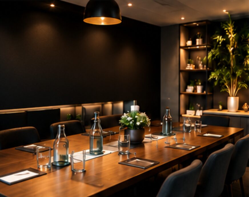 Meeting room set up for a morning business meeting